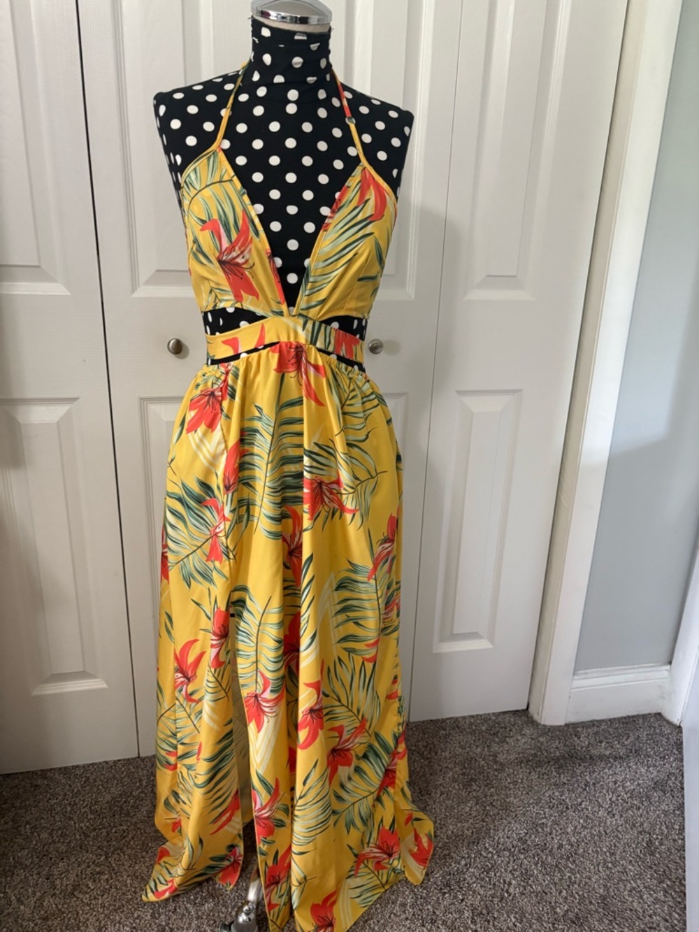 Yellow Tropical Halter Maxi Dress with Floral Print